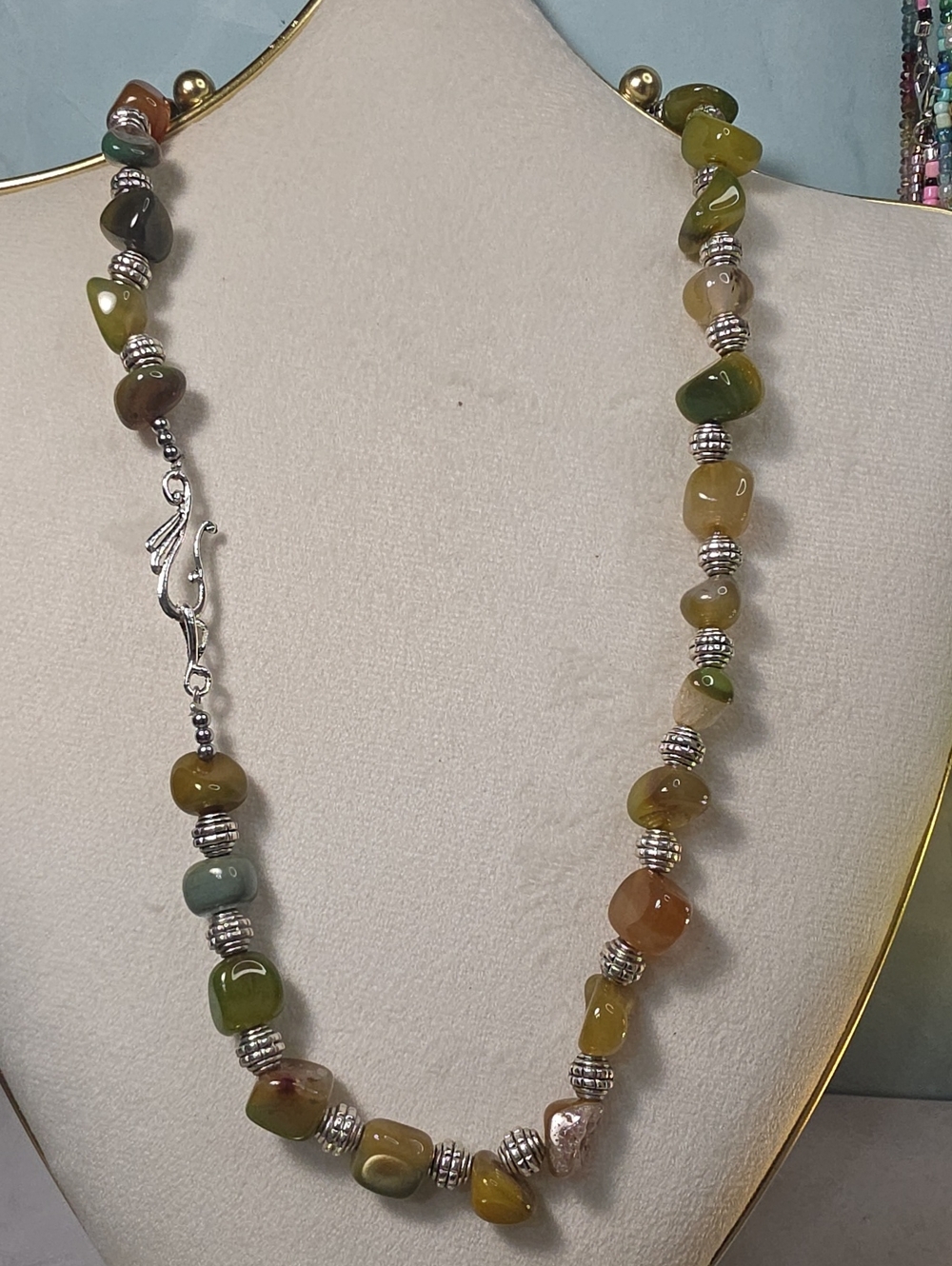 Multicolor Peacock Agate Beaded Necklace with Silver Accents
